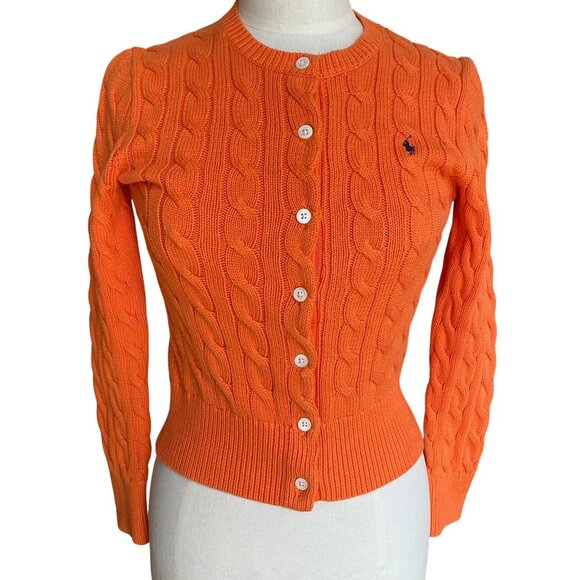 Polo Ralph Lauren Cable Knit Button Cardigan Orange Heritage Preppy Old Money-S - Picture 1 of 10
